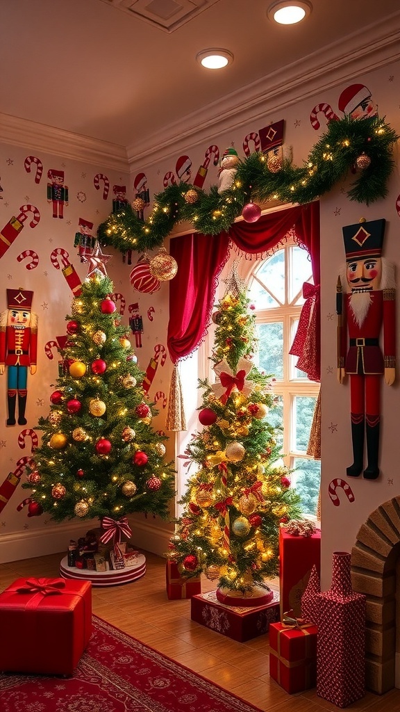 A cozy room with nutcracker wallpaper, decorated for Christmas with a tree and lights.